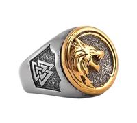 TQWSVUM Anillo de Lobo Vikingo Nórdico Para Hombre - Anillo de Acero Inoxidable Con Cabeza de Lobo de Doble Color Valknut - Moda Hip Hop Street Vintage Odin Fenrir Animal Anillo Joyería Islandesa