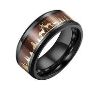 TQWSVUM Anillo de Reno de Acero Inoxidable Negro 9MM for Hombres, Mujer Madera Incrustada Ciervo Ciervo Silueta Alianza de Boda, Joyería Vintage Pulida Gótica