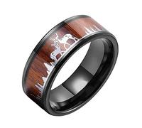 TQWSVUM Anillo de Reno de Acero Inoxidable Negro 9MM for Hombres, Mujer Madera Incrustada Ciervo Ciervo Silueta Alianza de Boda, Joyería Vintage Pulida Gótica