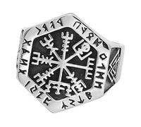 TQWSVUM Anillo de Runa Vikinga de Acero Inoxidable for Hombre,Anillo de Señalización de Tótem Vegvisir Símbolo Nórdico de Odín,Unisex Punk Estilo Gótico Pagano Amuleto Guerrero Joyería
