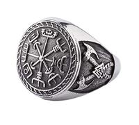 TQWSVUM Anillo de Vegvisir Brújula Vikinga Vikinga, Anillos de Tótem Valknut de Doble Hacha de Acero Inoxidable, Vintage Hecho A Mano Vintage Escandinavo Odin Símbolo Amuleto Joyería