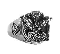 TQWSVUM Anillo Viking Mjolnir Para Hombre - Anillo de Acero Inoxidable Nordic Odin Raven Thor's Hammer - Hecho A Mano Pulido Pesado Valknut Símbolo Vintage Animal Amuleto Anillo Joyería