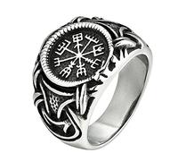 TQWSVUM Anillo Vikingo Vegvisir Ouroboros Masculino, Tótem de Acero Inoxidable Nordic Compass, Hecho A Mano Vintage Gótico Biker Band Celtic Pagan Amuleto Joyería Tamaño 8-13