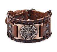 TQWSVUM Brújula Vikinga Pulsera de Cuero Vegvisir para Hombres, Vintage Trenzado Cuerda Buckle Brazo Puño Brale Bangle, Medieval Futhark Celta Pagano Amuleto Joyería Nórdica