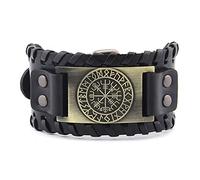 TQWSVUM Brújula Vikinga Vegvisir Brazalete para Hombre, Runas Nórdicas Brazalete de Cuero con Hebilla Ajustable, Amuleto Celta Pagano Pulseras Anchas Accesorios de Joyería