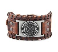 TQWSVUM Brújula Vikinga Vegvisir Brazalete para Hombre, Runas Nórdicas Brazalete de Cuero con Hebilla Ajustable, Amuleto Celta Pagano Pulseras Anchas Accesorios de Joyería
