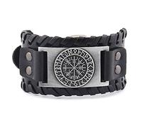 TQWSVUM Brújula Vikinga Vegvisir Brazalete para Hombre, Runas Nórdicas Brazalete de Cuero con Hebilla Ajustable, Amuleto Celta Pagano Pulseras Anchas Accesorios de Joyería