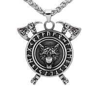 TQWSVUM Collar Colgante de Lobo Celta de Runas Vikingas for Hombres, Collar Nórdico de Acero Inoxidable Triple Cuerno de Hacha Odín, Joyería Escandinava Pagana Medieval