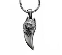 TQWSVUM Collar con Colgante de Diente de Lobo Vikingo for Hombres, Cadena de Acero Inoxidable con Amuleto Peltre de Cabeza Lobo de Odín Nórdico, Joyería Hecha A Mano Punk Hip Hop Rapero Gótico
