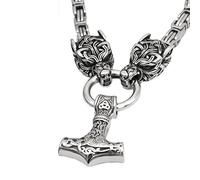 TQWSVUM Mitología Nórdica Lobo Celta Collar Mjolnir - Amuleto Colgante de Martillo de Acero Inoxidable Irish Wolf Head Thor's Hammer - Hombres Viking King Chain Celtic Pagan Jewelry