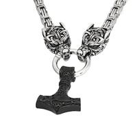 TQWSVUM Mitología Nórdica Lobo Celta Collar Mjolnir - Amuleto Colgante de Martillo de Acero Inoxidable Irish Wolf Head Thor's Hammer - Hombres Viking King Chain Celtic Pagan Jewelry