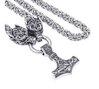 TQWSVUM Mitología Nórdica Vikingo Mjolnir Men Collar -Cabeza de Lobo con Thor's Hammer Pendant Stainless Steel King Chain - Joyería Pagana de Cadena Pesada Y Gruesa Hecha A Mano