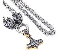 TQWSVUM Mitología Nórdica Vikingo Mjolnir Men Collar -Cabeza de Lobo con Thor's Hammer Pendant Stainless Steel King Chain - Joyería Pagana de Cadena Pesada Y Gruesa Hecha A Mano
