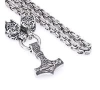 TQWSVUM Mitología Nórdica Vikingo Mjolnir Men Collar -Cabeza de Lobo con Thor's Hammer Pendant Stainless Steel King Chain - Joyería Pagana de Cadena Pesada Y Gruesa Hecha A Mano