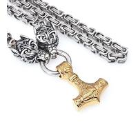TQWSVUM Mitología Nórdica Vikingo Mjolnir Men Collar -Cabeza de Lobo con Thor's Hammer Pendant Stainless Steel King Chain - Joyería Pagana de Cadena Pesada Y Gruesa Hecha A Mano
