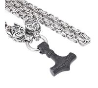 TQWSVUM Mitología Nórdica Vikingo Mjolnir Men Collar -Cabeza de Lobo con Thor's Hammer Pendant Stainless Steel King Chain - Joyería Pagana de Cadena Pesada Y Gruesa Hecha A Mano
