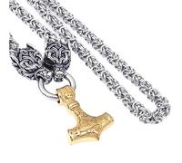 TQWSVUM Mitología Nórdica Vikingo Mjolnir Men Collar -Cabeza de Lobo con Thor's Hammer Pendant Stainless Steel King Chain - Joyería Pagana de Cadena Pesada Y Gruesa Hecha A Mano