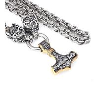 TQWSVUM Mitología Nórdica Vikingo Mjolnir Men Collar -Cabeza de Lobo con Thor's Hammer Pendant Stainless Steel King Chain - Joyería Pagana de Cadena Pesada Y Gruesa Hecha A Mano