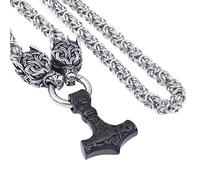 TQWSVUM Mitología Nórdica Vikingo Mjolnir Men Collar -Cabeza de Lobo con Thor's Hammer Pendant Stainless Steel King Chain - Joyería Pagana de Cadena Pesada Y Gruesa Hecha A Mano