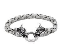 TQWSVUM Pulsera de Cabeza de Lobo Doble Vikinga para Hombre - Mito Nórdico Fenrir Pulsera de Cadena King de Acero Inoxidable - Medieval Hecho A Mano Animal Pagan Bangle Fashion Jewelry