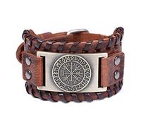 TQWSVUM Pulsera de Cuero con Brújula Vikinga Rúnica Nórdica - Amuleto Vegvisir de Metal Hecho A Mano Pulsera Trenzada de Cuero Ancho - Hombres Mujeres Vintage Slavic Cuff Bangle Jewelry