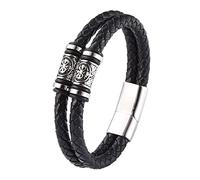 TQWSVUM Pulsera de Cuero con Cuentas de Brújula Vikinga Nórdica - Pulsera de Cuentas de Runas Vegvisir de Acero Inoxidable para Hombre - Joyería de Amuleto de Cuerda Trenzada de Doble