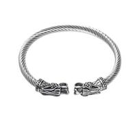TQWSVUM Pulseras de Brazalete Lobo Vikingo para Hombres - Brazalete Abierto para Adolescentes Acero Inoxidable Cabeza Animal Twist - Pulsera Ajustable Amuleto Cabezas de Lobo de Odín Dios Nórdico