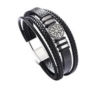 TQWSVUM Pulseras de Brújula Vikinga Nórdica para Hombres - Pulsera de Cuero Trenzado Multicapa con Amuleto de Brújula Vegvisir - Brazalete de Talismán Pagano Celta para Padre Y Marido(Black_23CM)