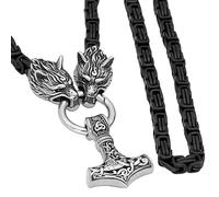 TQWSVUM Viking Wolf Head Black King Chain Mjolnir Collar - Colgante de Odin Celta de Acero Inoxidable para Hombres - Joyería de Amuleto Pagano Nórdico Vintage Hecho A Mano