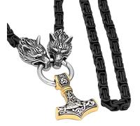 TQWSVUM Viking Wolf Head Black King Chain Mjolnir Collar - Colgante de Odin Celta de Acero Inoxidable para Hombres - Joyería de Amuleto Pagano Nórdico Vintage Hecho A Mano