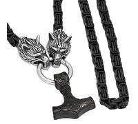 TQWSVUM Viking Wolf Head Black King Chain Mjolnir Collar - Colgante de Odin Celta de Acero Inoxidable para Hombres - Joyería de Amuleto Pagano Nórdico Vintage Hecho A Mano