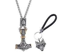 TQWSVUM Vikingos Mjolnir Thor's Collar Martillo para Hombres, Acero Inoxidable Odin Símbolo Valknut Rune Bead Amuleto Colgante,Norse Vintage Viking Wolf Head Llave Cadena Hebilla Regalo