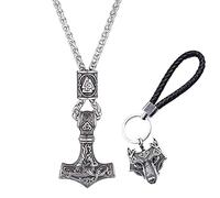 TQWSVUM Vikingos Mjolnir Thor's Collar Martillo para Hombres, Acero Inoxidable Odin Símbolo Valknut Rune Bead Amuleto Colgante,Norse Vintage Viking Wolf Head Llave Cadena Hebilla Regalo
