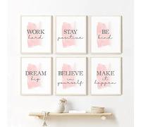 Trabaja duro, mantén una actitud positiva, ¡haz que suceda! Frase motivadora e inspiradora. Decoración de pared para dormitorio de adolescente en color rosa (40x60cm/6 piezas sin marco).