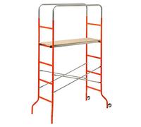 trabattello 'Kreo' Tubo de Acero Barnizado sellador de piano de calpestio, de madera multicapa, con ruedas, totalmente desmontable. Barra ajustable con barra de madera. Peso Kg. 18,5. Alcance kg. 120. Altura máxima de trabajo cm. 372. Dimensiones cm. 144 x 62 x h.212