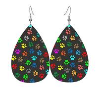 Trace Doodle Paw Of Cat Prints Pendientes colgantes de cuero con clip Faux PU Ligero Gota de lágrima para mujer