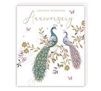 Tracks Publishing Milestone Golden Wedding Anniversary Card - 50 años - Pavos reales y flores en relieve con detalles de aluminio - Ecológica y reciclable