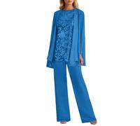Tracksuit Damen Elegante Traje de Pantalón para Dama de con Encaje Floral de Gasa y Confort para Invitadas (Blue, M)
