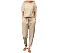 Tracksuit Damen Traje de Pantalones para Mujer Conjunto Casual de Verano Tejido Mixto Algodón y Lino Cuello Manga Corta Diseño Holgado y Cómodo (Khaki, XXXXL)