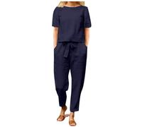 Tracksuit Damen Traje de Pantalones para Mujer Conjunto Casual de Verano Tejido Mixto Algodón y Lino Cuello Manga Corta Diseño Holgado y Cómodo (Blue, XL)