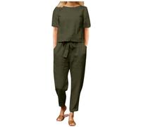 Tracksuit Damen Traje de Pantalones para Mujer Conjunto Casual de Verano Tejido Mixto Algodón y Lino Cuello Manga Corta Diseño Holgado y Cómodo (Green, XL)