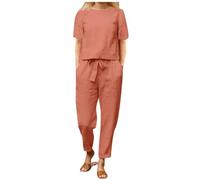 Tracksuit Damen Traje de Pantalones para Mujer Conjunto Casual de Verano Tejido Mixto Algodón y Lino Cuello Manga Corta Diseño Holgado y Cómodo (Red, XL)