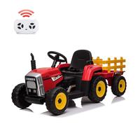 Tractor eléctrico con batería de 12 V con remolque, coche de bebé con mando a distancia, 7 luces LED, 2 + 1 marchas, reproductor MP3, puerto USB, color rojo