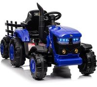 Tractor eléctrico infantil con remolque extraíble, mando a distancia, para | Tractor de pedales infantil con faros LED,Música,Bocina,USB,2 motores,marcha adelante/trasera para torre terreno,Azul