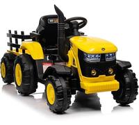 Tractor eléctrico infantil con remolque extraíble, mando a distancia, para | Tractor de pedales infantil con faros LED,Música,Bocina,USB,2 motores,marcha adelante/trasera para torre terreno,Amarillo