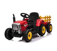 Tractor eléctrico Workers con Remolque, Rojo, tracción Trasera, batería de 12V, Ruedas de Plástico Asiento Ancho de Plástico, Mando a Distancia de 2,4 GHz