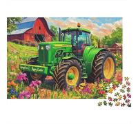 Tractor Grueso 1000 Piezas Rompecabezas para Adultos Tractor Verde Junto a Granero Rojo con Flores Premium Resistente Vibrante Desafiante Difícil Alivio de Estrés 52x38cm/1000pcs