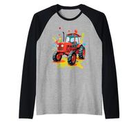 Tractor rojo estilo cómic con salpicaduras de pintura Camiseta Manga Raglan