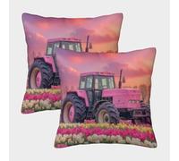 Tractor Rosa Cuadrada Funda De Cojín De Sofá 2 Paquetes Rural Paisaje Art con Patrón Adecuada para Cama,hogar,automóvil,Interior Y Exterior 50x50cm
