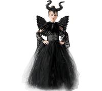 TRACYCY Disfraz de Bruja con Alas Niña Cosplay Bella Durmiente Maléfica Largo Tul Vestido y Collar de Pluma Diadema Guantes Set 5 Piezas para Niños Navidad Carnaval Halloween Fancy Dress Costume